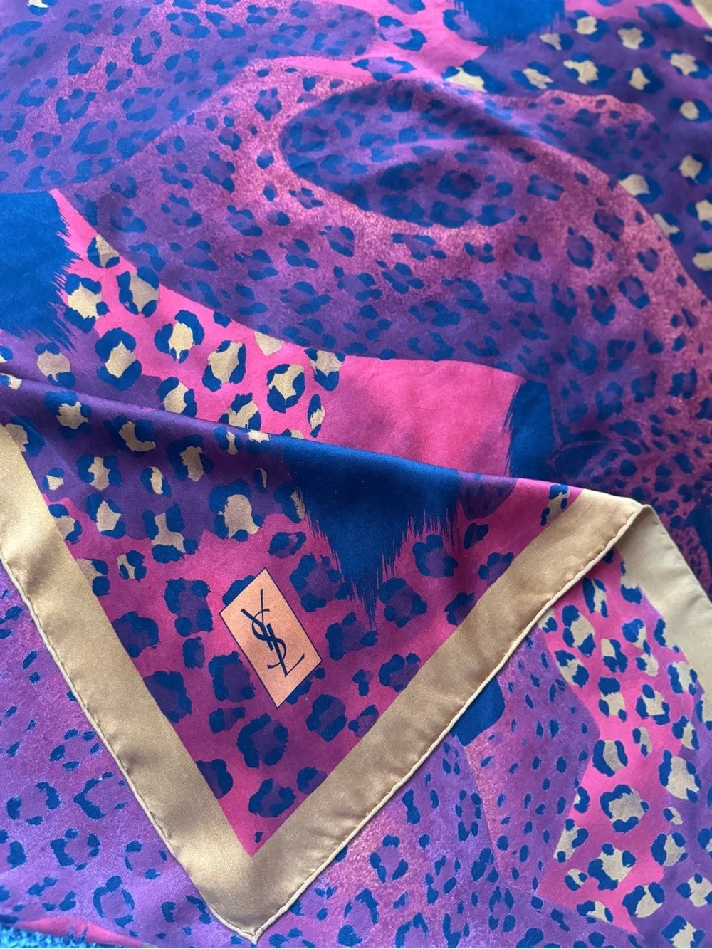 YSL Scarf. Vibrant Red Leopard Motif Silk Scarf